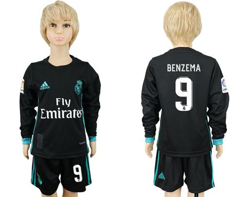 Real Madrid #9 Benzema Away Long Sleeves Kid Soccer Club Jersey - Click Image to Close